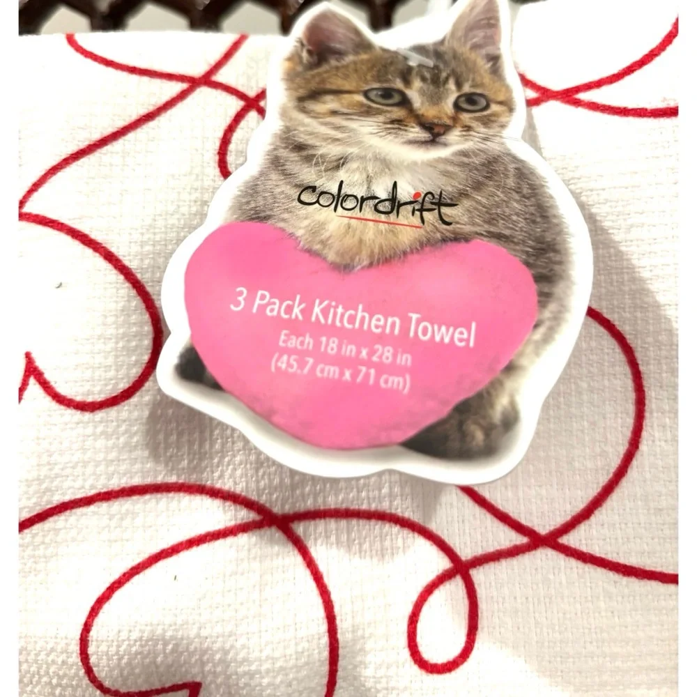 CATS KITTIES HEARTS KITCHEN DISH TOWELS SET OF 3 NOVELTY SUPER DRYING KITSCH